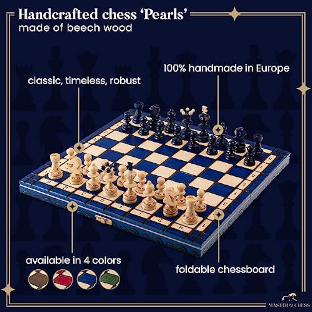 Master of Chess 13.8" Blue Wooden Chess Set – Handmade Travel Board