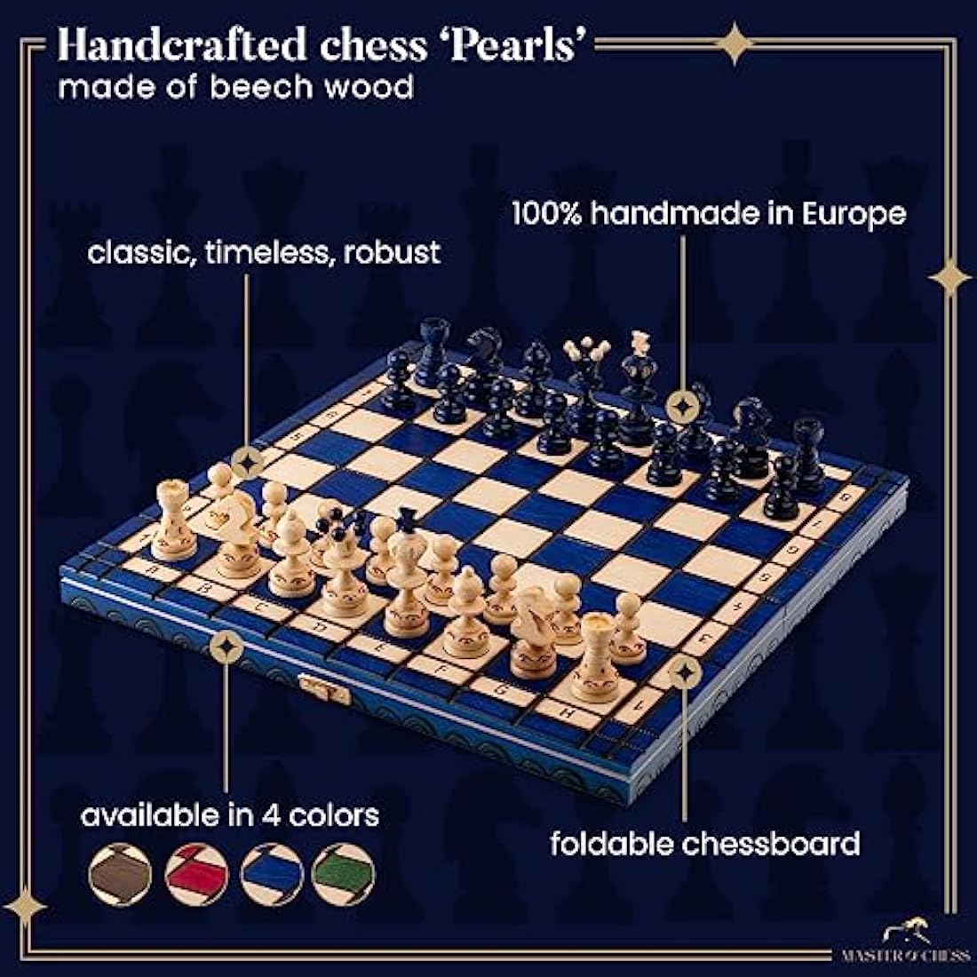 Handmade Wooden Chess Set – 13.8in Blue Portable Travel Board
