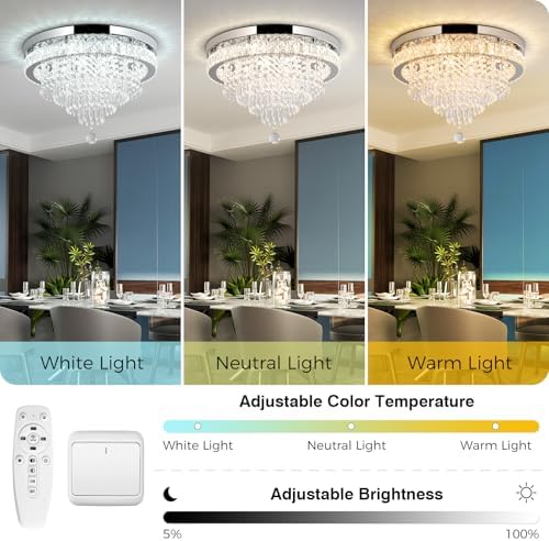 RHEAFON Modern Crystal Chandelier | Dimmable LED Flush Mount Ceiling Light