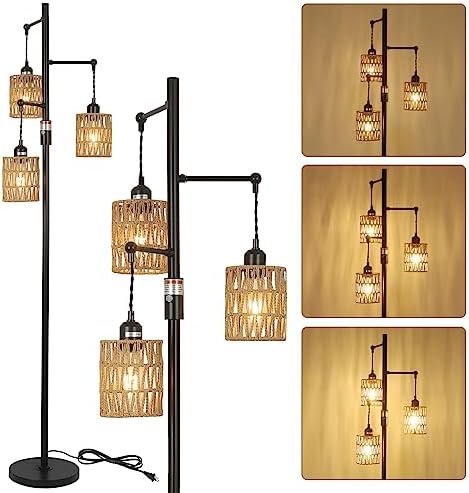 Rayofly Rattan Floor Lamp | Dimmable 3-Light Boho Standing Lamp for Living Room