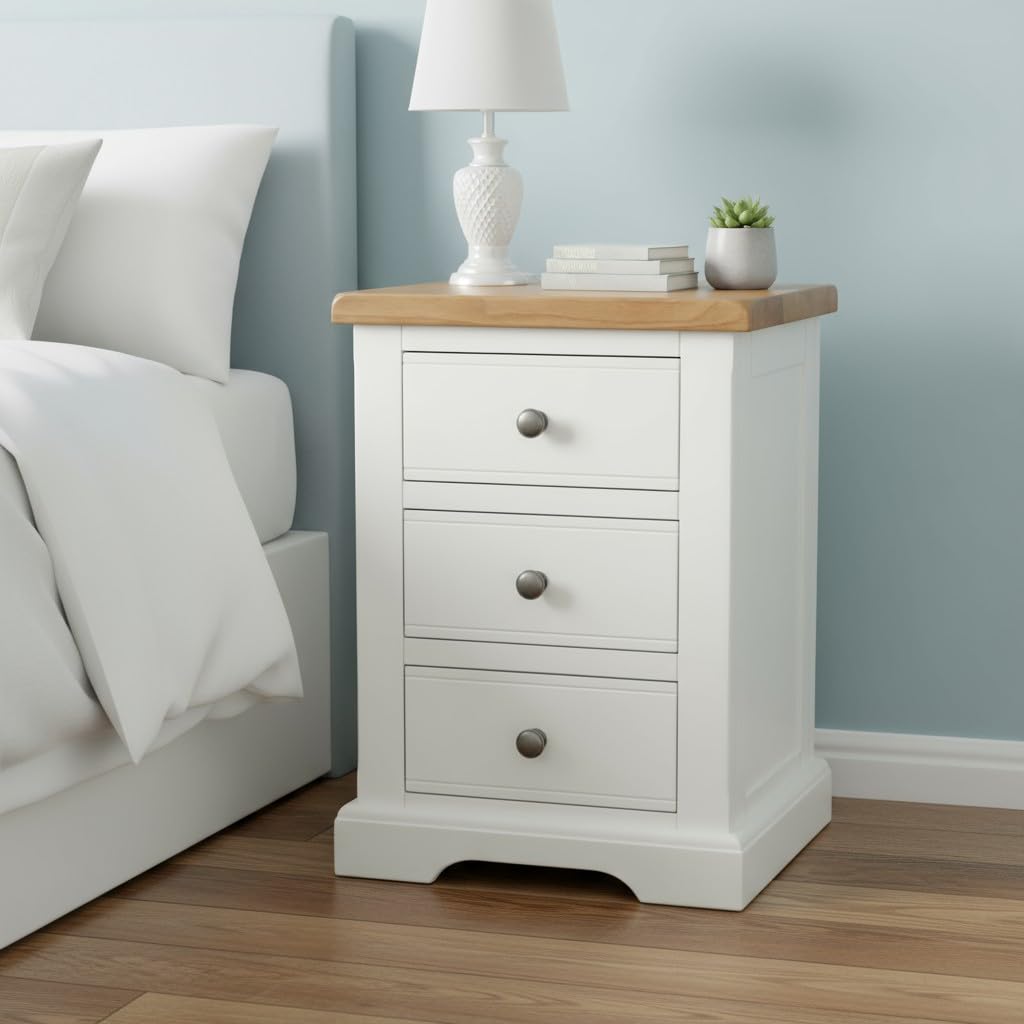 XL Snow White Bedside Table – 3 Drawer Solid Wood Cabinet