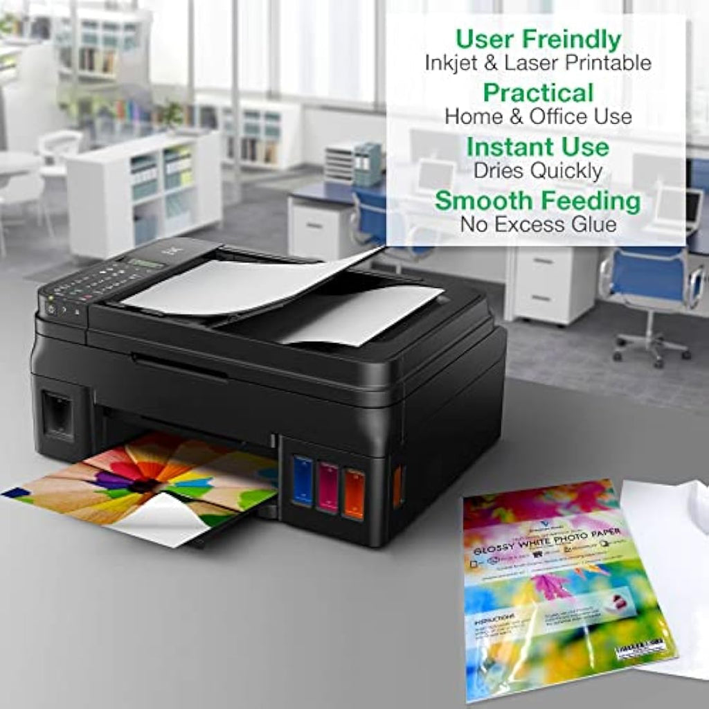 Evergreen Goods A4 Glossy White Sticker Paper - 50 Sheets Splashproof