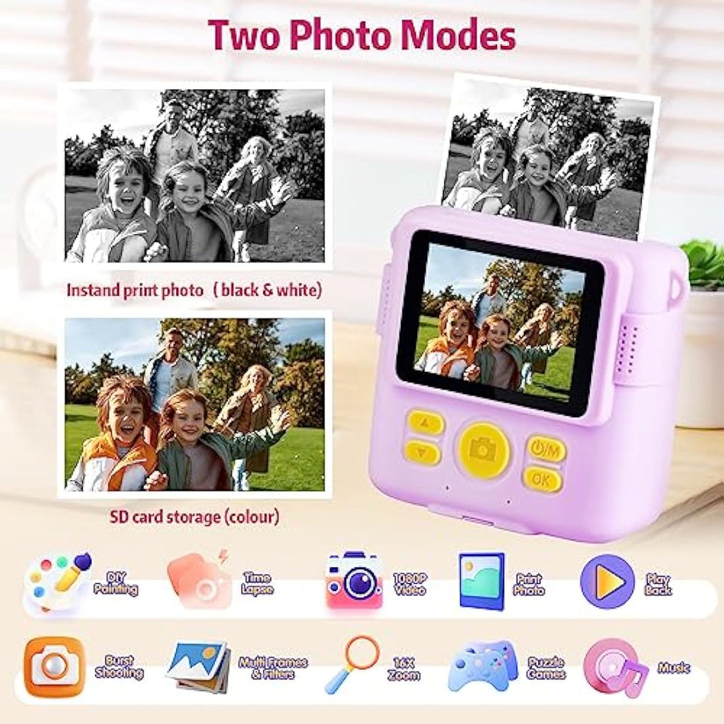 Kids Instant Print Camera | 1080P HD Digital Toy with 32GB SD Card