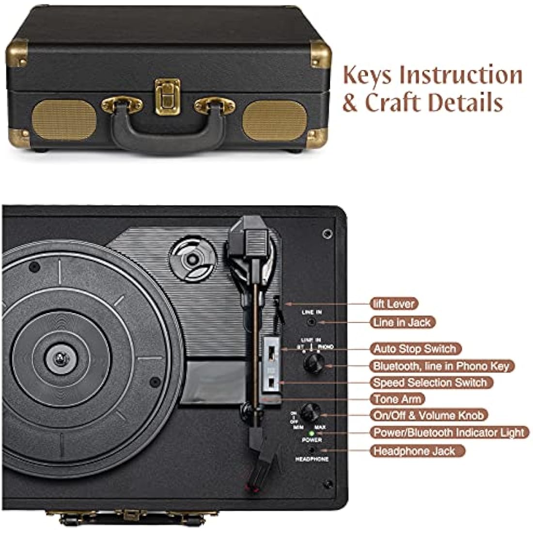 Retrolife Portable Suitcase Record Player – 3-Speed Bluetooth Turntable