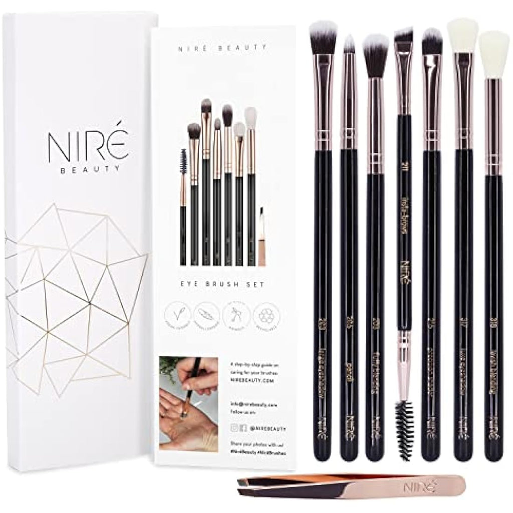 Niré Beauty Eye Brush Set | 7-Piece Vegan Makeup Brushes and Tweezers