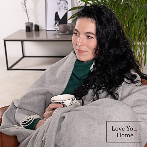 LYHome Cashmere & Merino Wool Throw - Grey Herringbone Blanket, 140x200cm