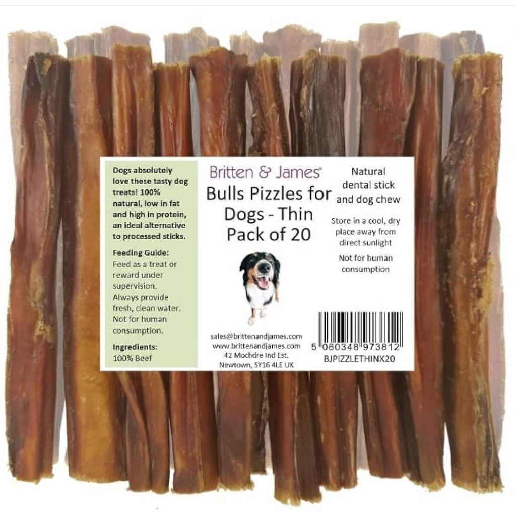 Britten & James 20 Thin Bully Sticks – Natural Beef Pizzle Dog Chews (12cm)