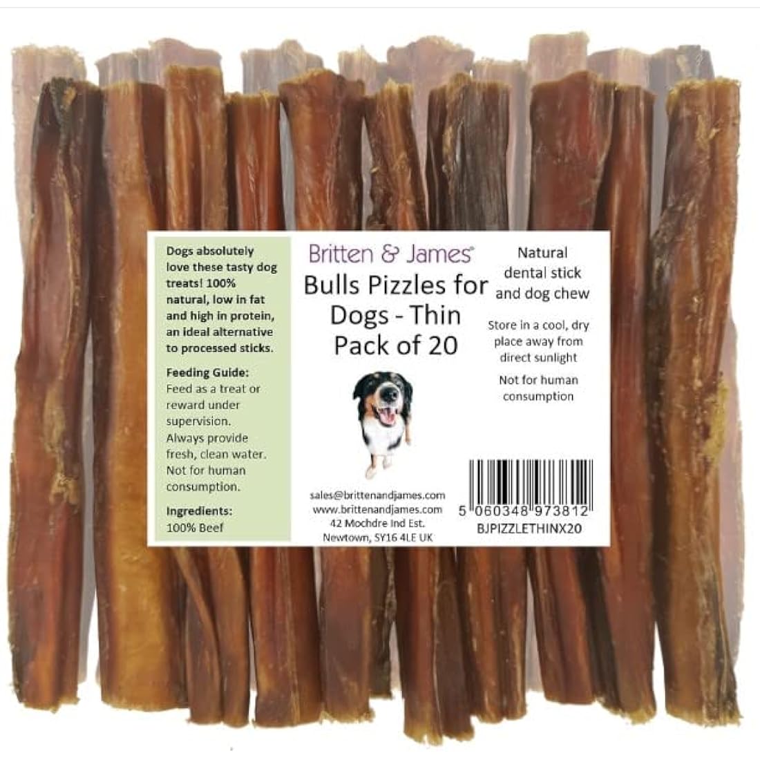 Britten & James 20 Thin Bully Sticks – Natural Beef Pizzle Dog Chews (12cm)