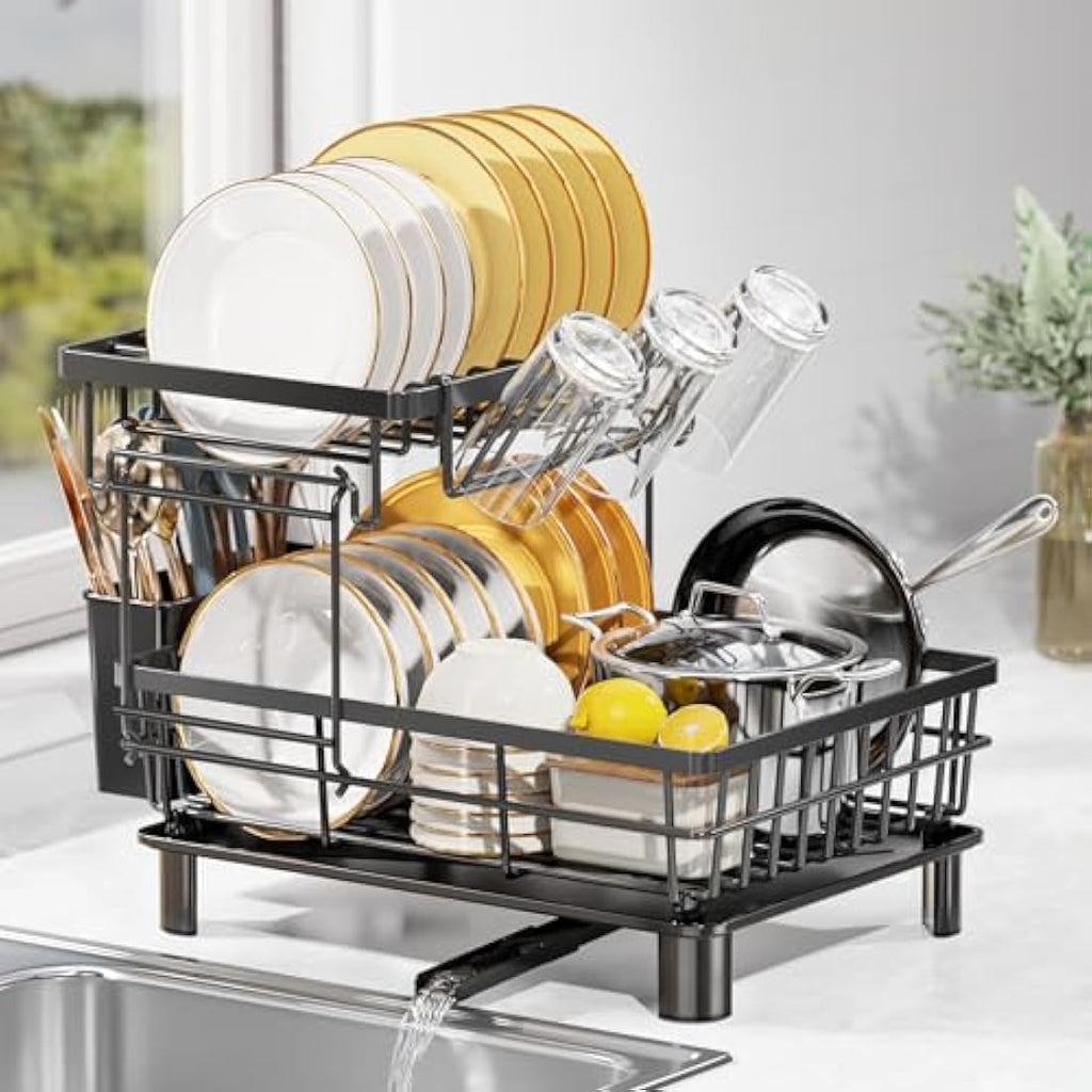 LIONONLY 2-Tier Dish Drying Rack with 360° Swivel Spout & Utensil Holder