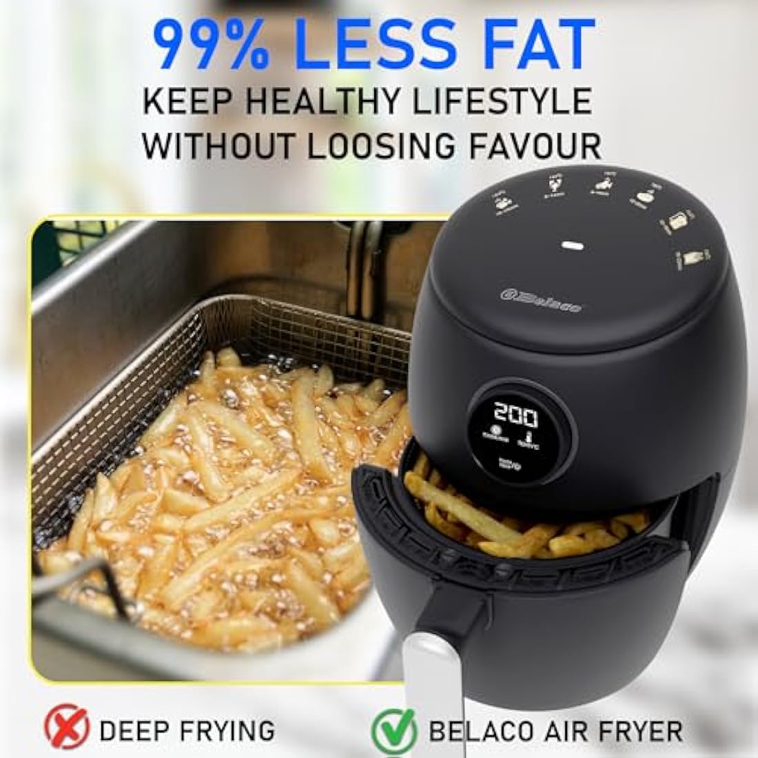 Belaco 2L Digital Air Fryer – Compact Rapid Air Cooker, Black
