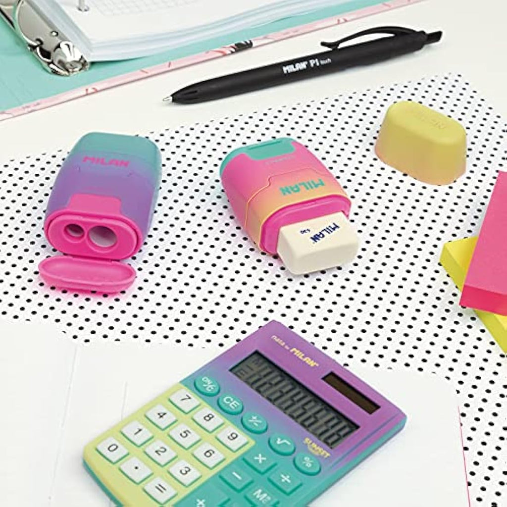 MILAN Compact Sunset Pencil Sharpener and Eraser – Assorted Colours