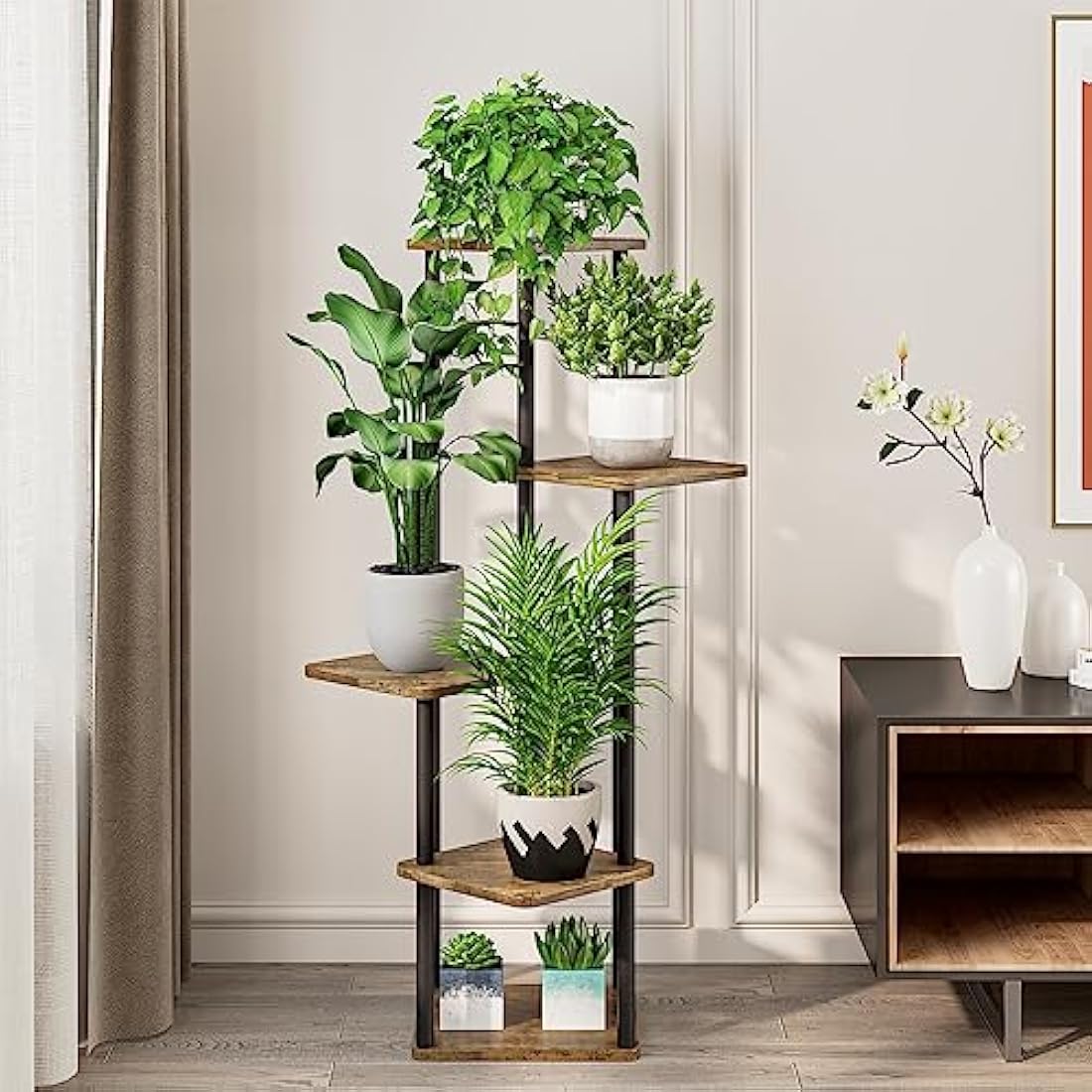 VASZOLA 5-Tier Pflanzenregal – Holz & Metall Blumenständer Schwarz