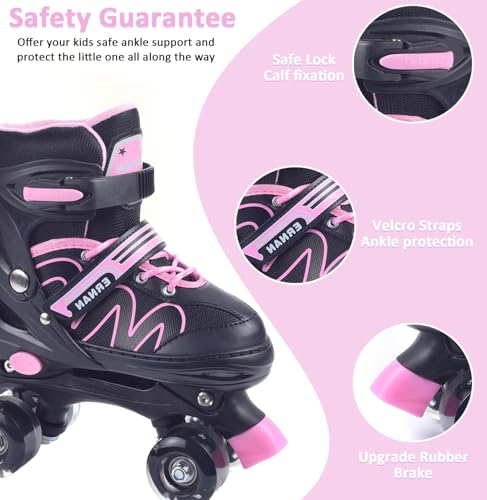 ERNAN Kids Roller Skates | Adjustable 4 Sizes with 8 Light Up Wheels - Pink