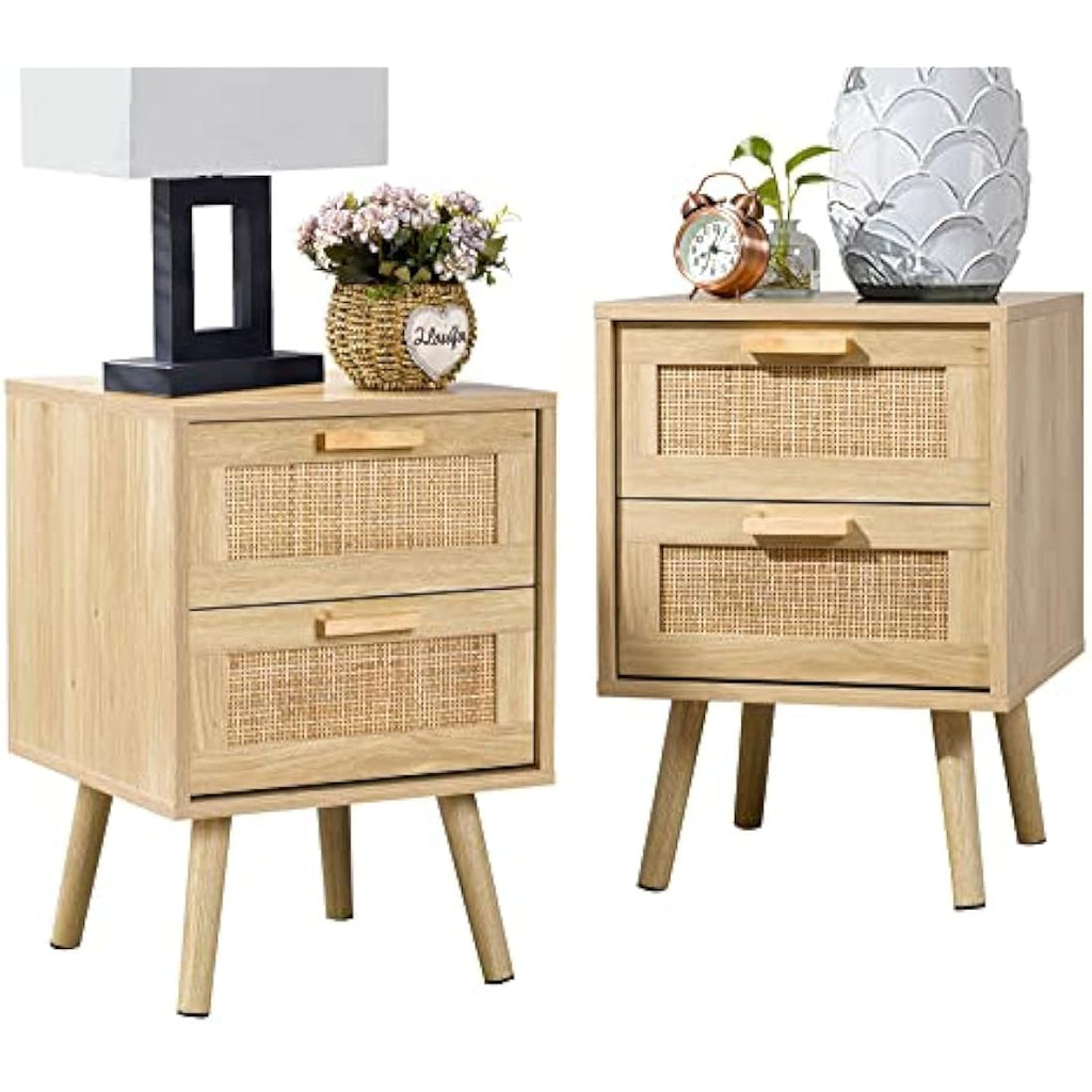 Finnhomy Rattan Bedside Tables Set of 2 | Natural Wood Nightstands