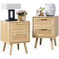 Finnhomy Rattan Bedside Tables Set of 2 | Natural Wood Nightstands