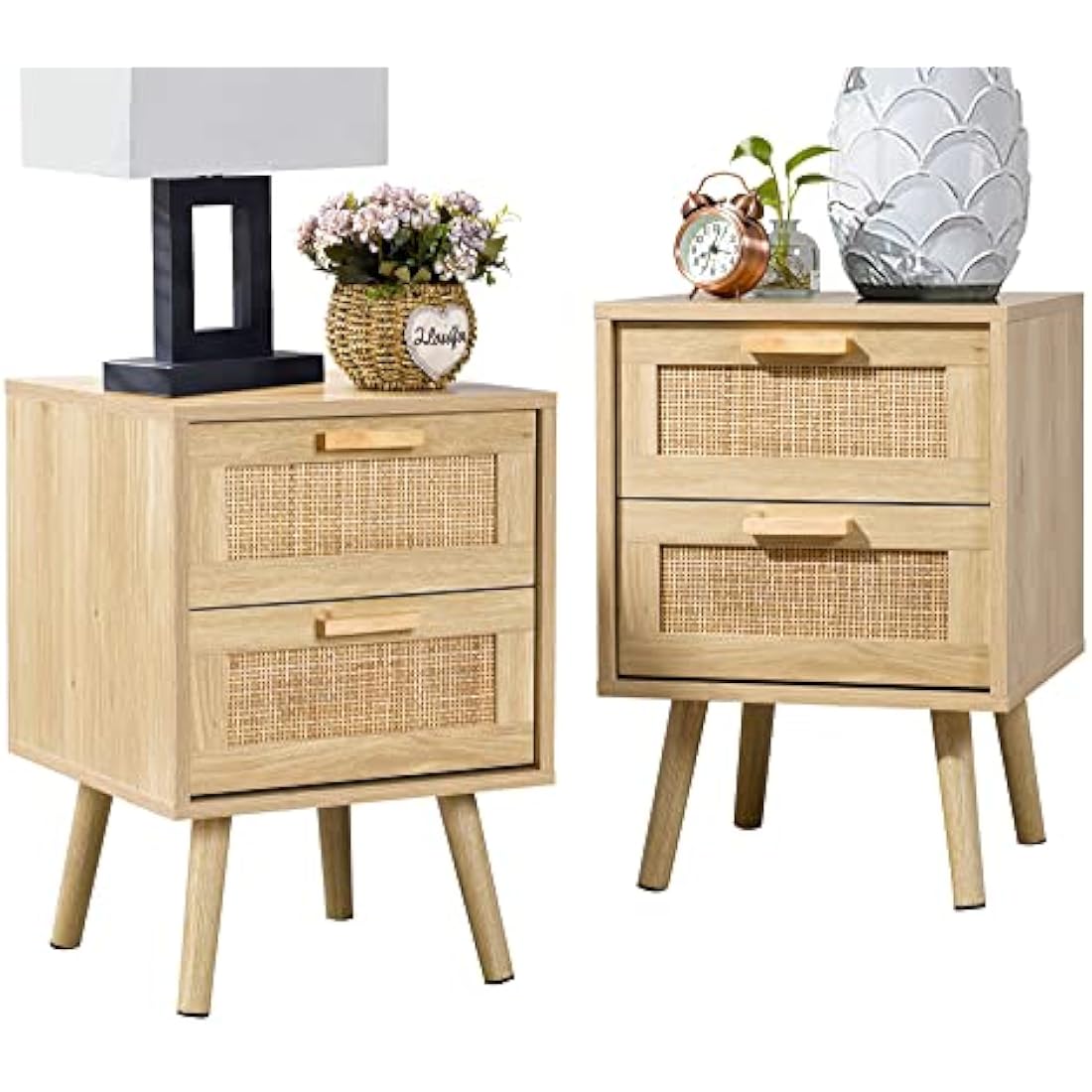 Finnhomy Rattan Bedside Tables Set of 2 | Natural Wood Nightstands