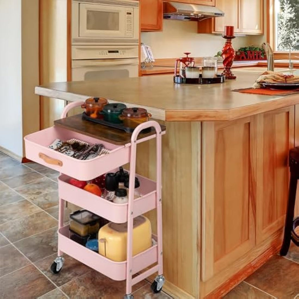DOEWORKS 3-Tier Metal Rolling Storage Trolley with Drawer - Pink