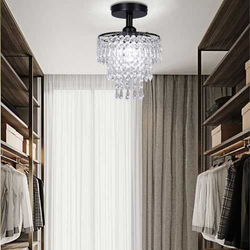 FRIXCHUR Mini Crystal Chandelier – 3-Tier Black Flush Mount Ceiling Light