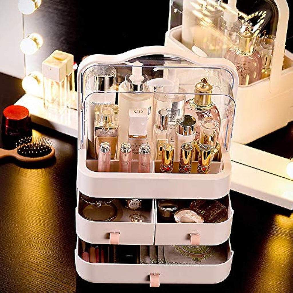 RMAN Makeup Organiser with Drawers | Dustproof Portable Cosmetic Case - Pink