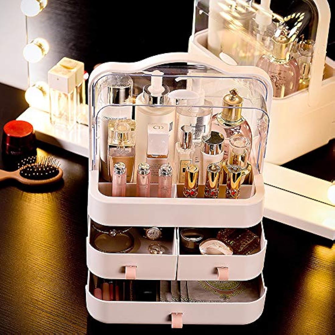 RMAN Makeup Organiser with Drawers | Dustproof Portable Cosmetic Case - Pink