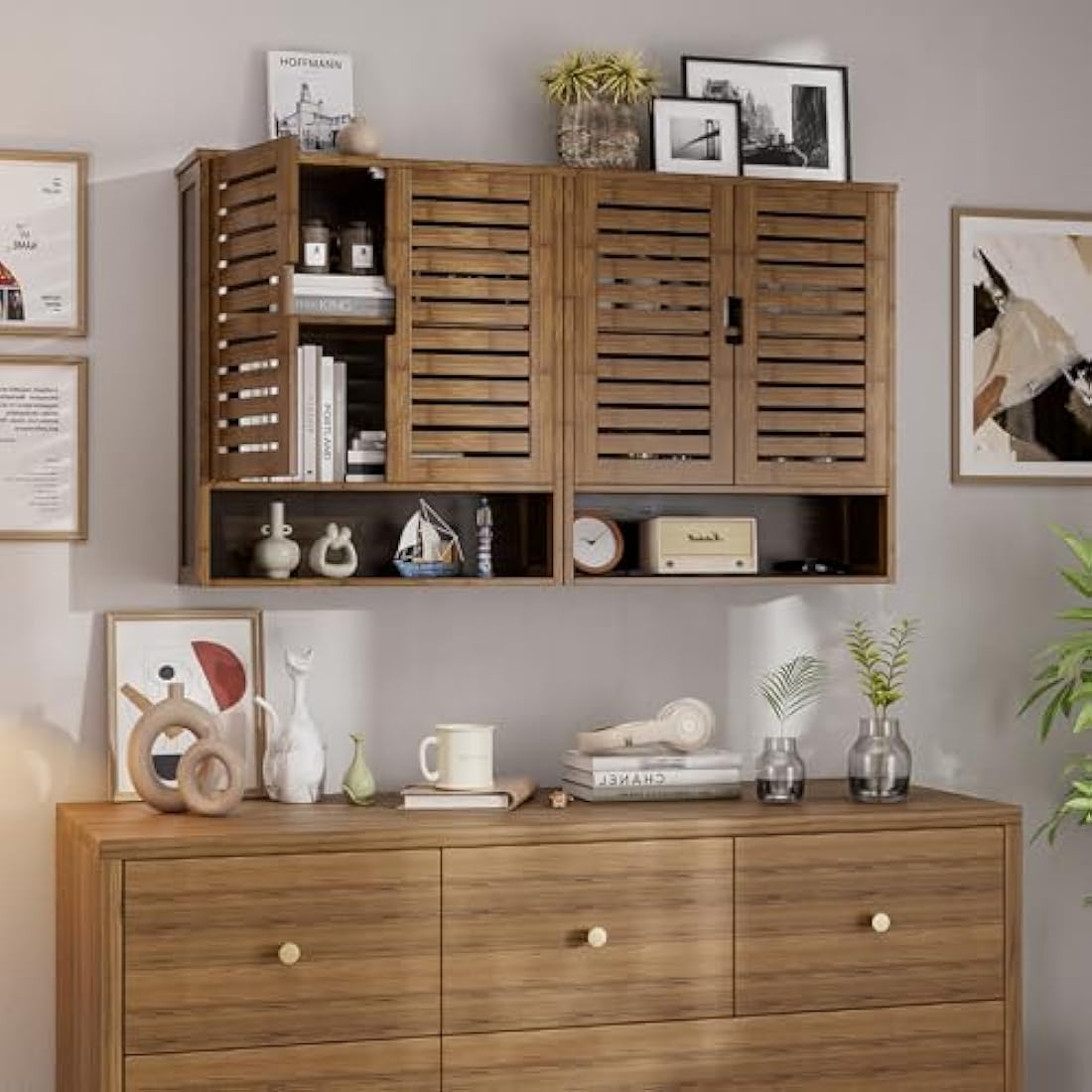 SMIBUY Bamboo Wall Mounted Bathroom Cabinet – Over-The-Toilet Storage, Walnut