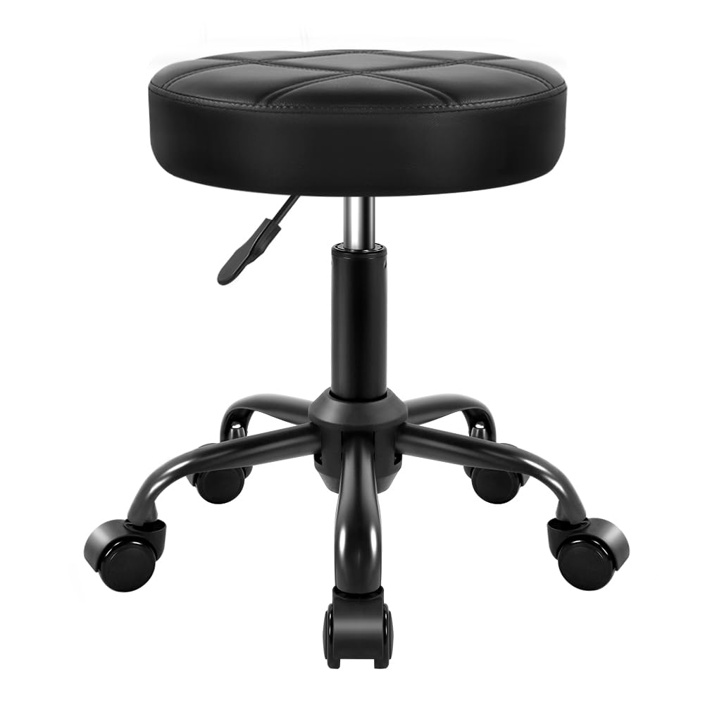 KKTONER Rolling Stool Chair PU Leather Height Adjustable Round Stool with Wheels Chair for Salon Spa Drafting Small Black