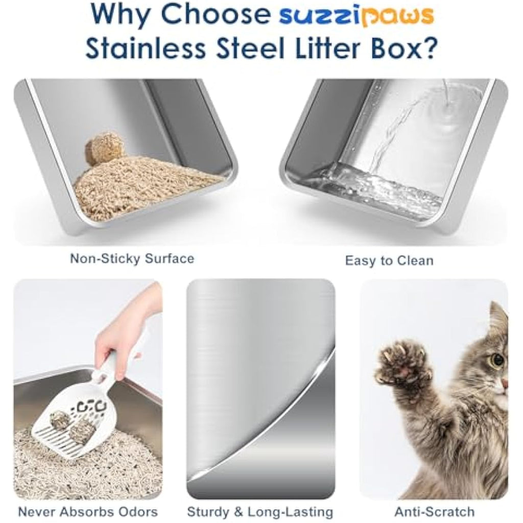Suzzipaws XL Stainless Steel Cat Litter Box – High Sided Enclosed Tray