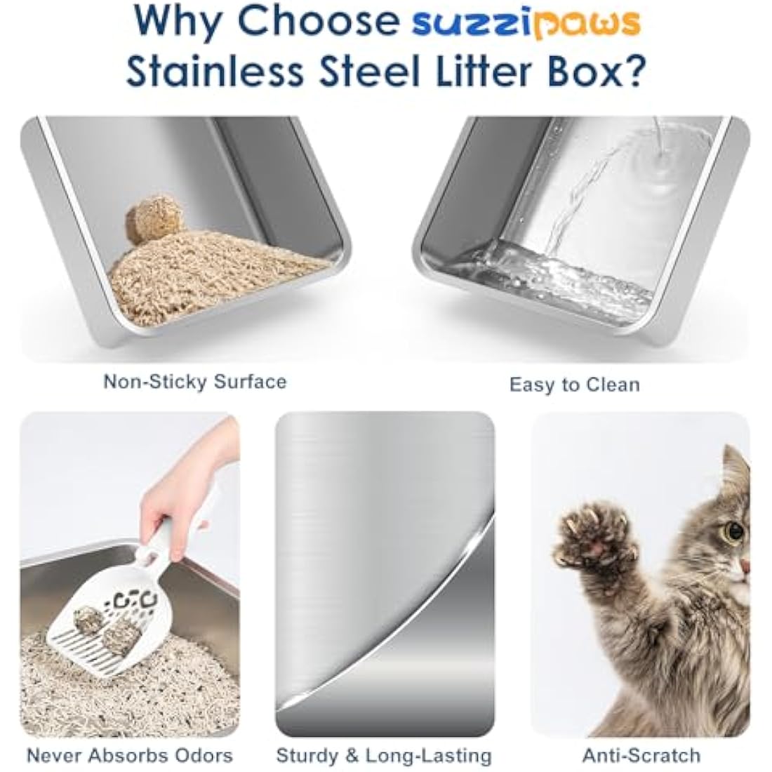 Suzzipaws XL Stainless Steel Cat Litter Box – High Sided Enclosed Tray