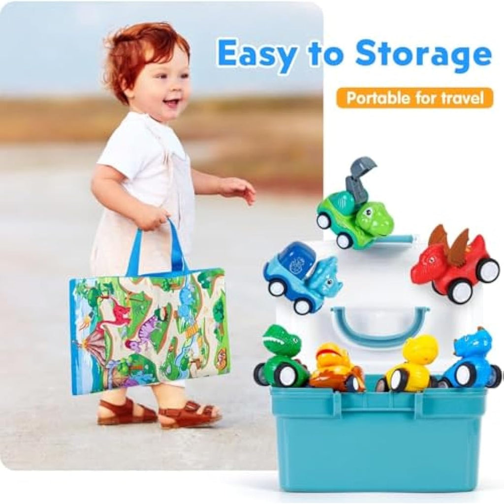 10-Piece Pull Back Dinosaur Toy Cars with Playmat & Bag