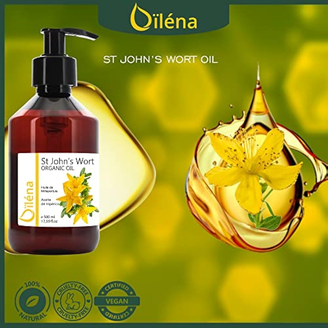 Oïléna St. John's Wort Oil – Cold Pressed Massage & Skin Care, 500ml