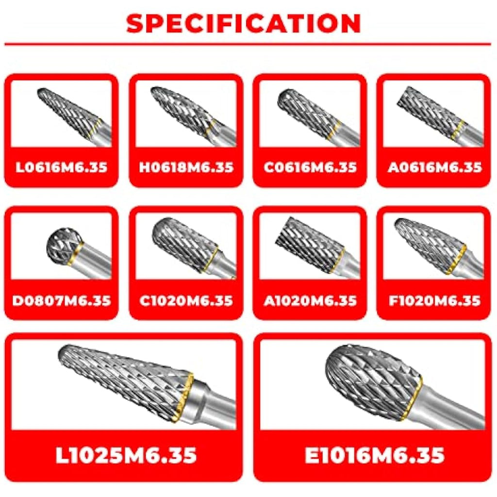 Pilim 10PC Tungsten Carbide Burr Set | 1/4" Shank Double Cut Rotary Bits