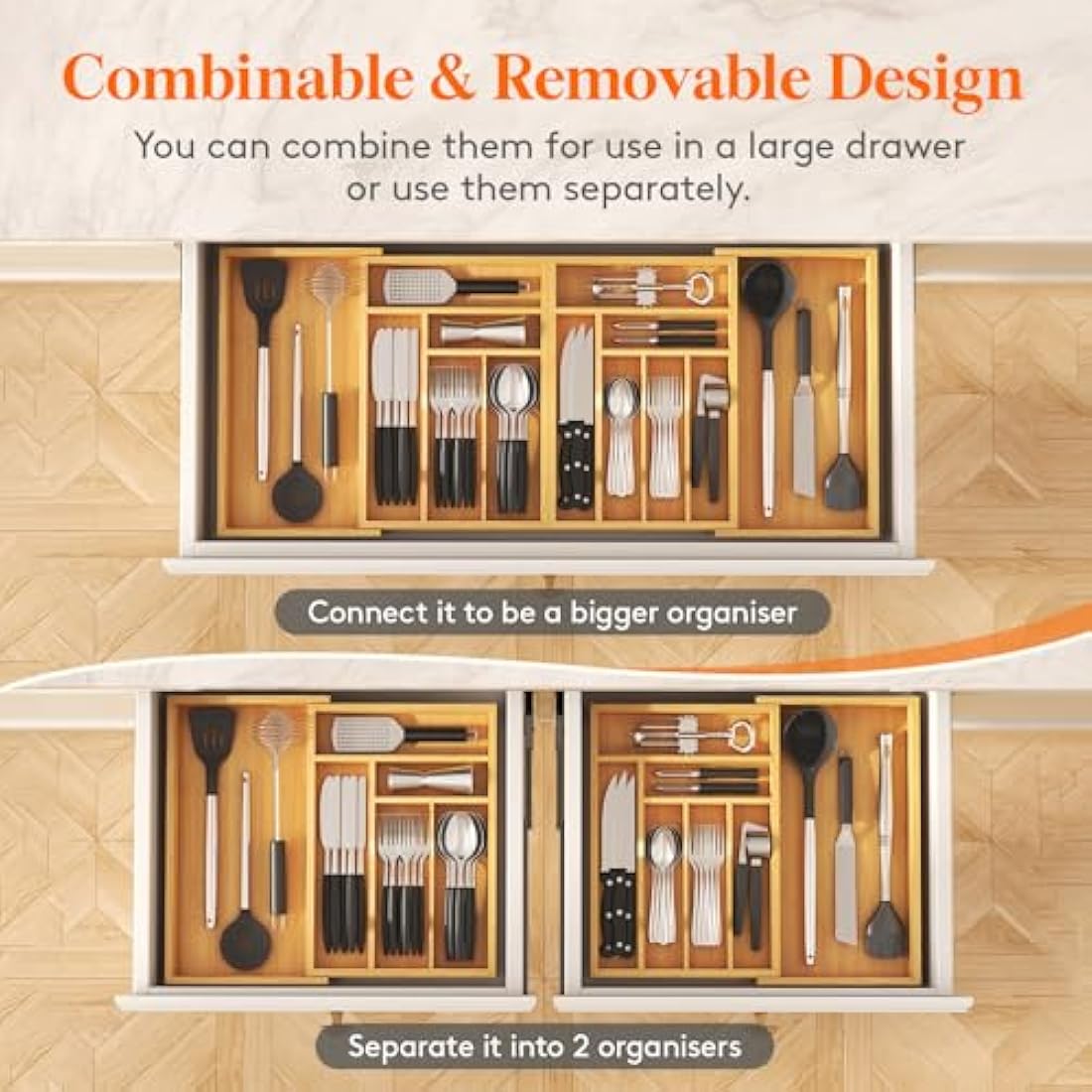 Lifewit Expandable Cutlery Drawer Organiser | Extra Large Bamboo Tray