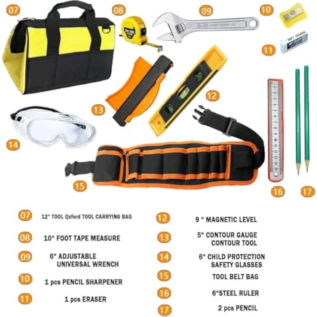 QeeHeng Kids Real Tool Set – 12-Piece DIY Woodworking Kit with Tool Belt