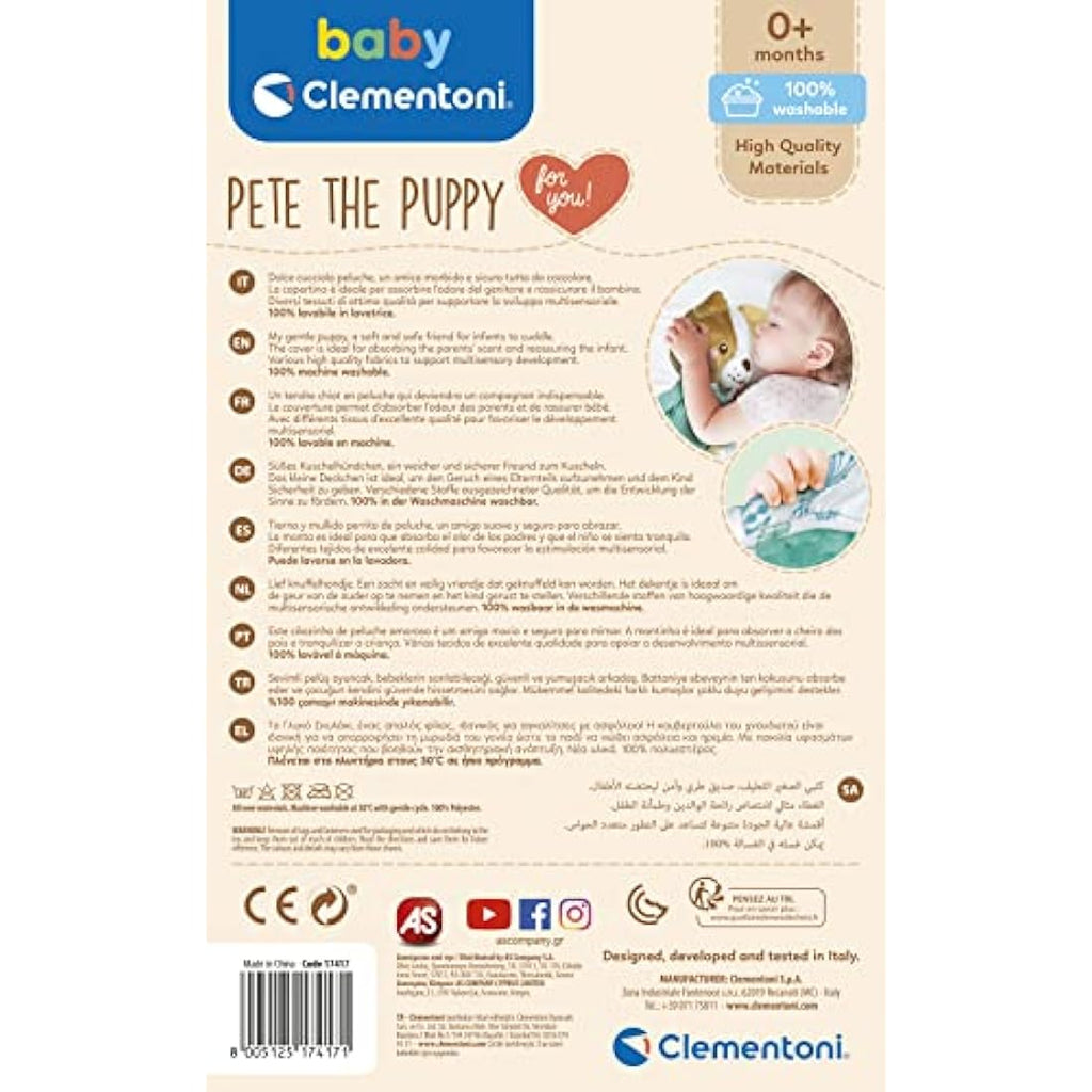 Clementoni Pete the Puppy Plush Toy with Sensory Comfort Blanket
