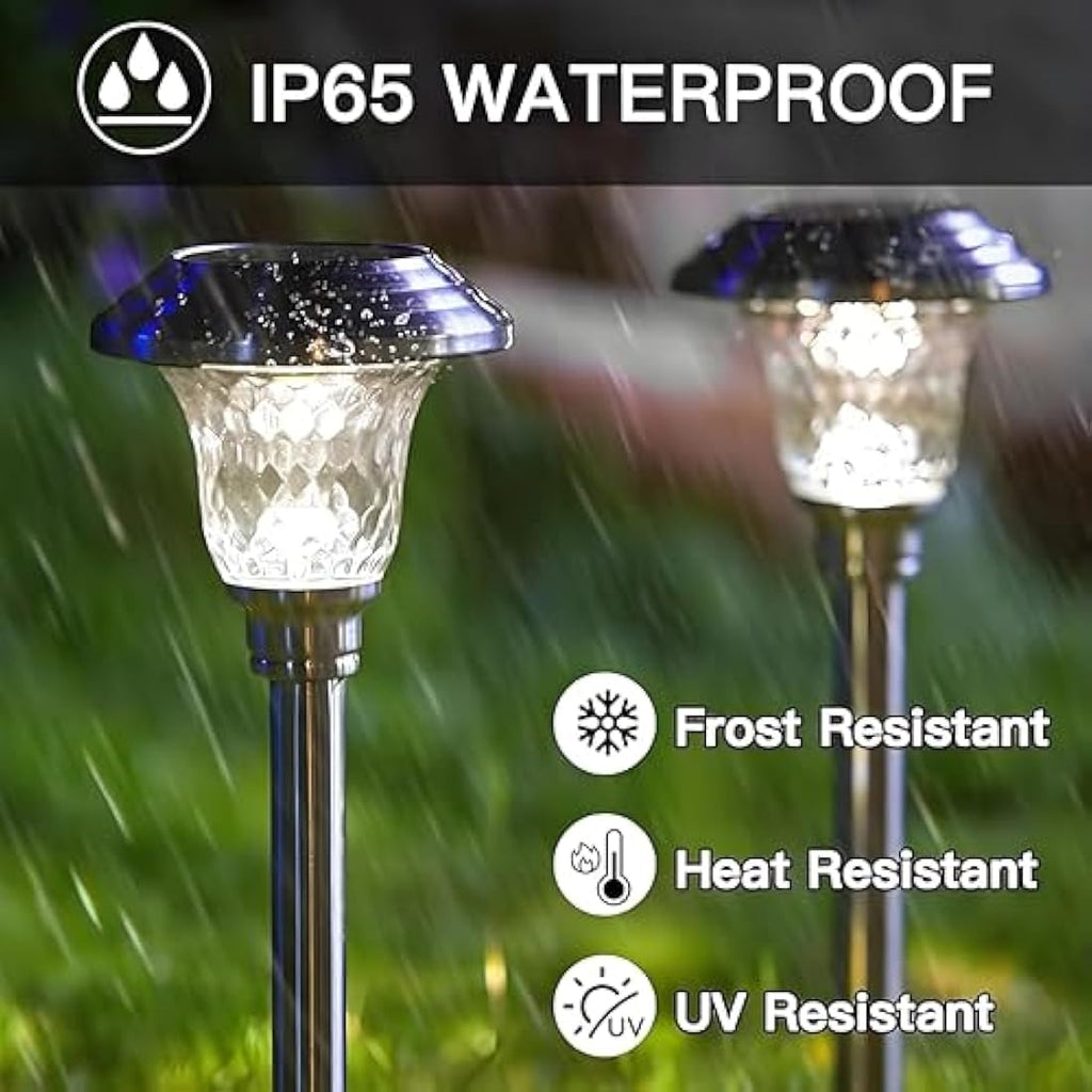 BEAU JARDIN Solar Pathway Lights | 8 Pack Waterproof Stainless Steel Glass