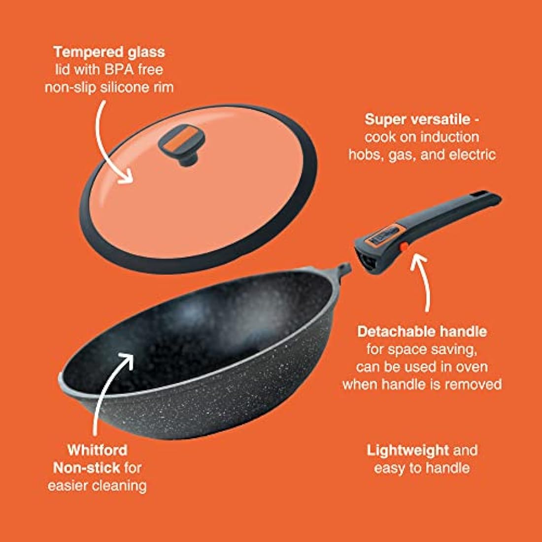 Pep Non-Stick Induction Wok with Lid and Detachable Handle - 29cm Aluminium
