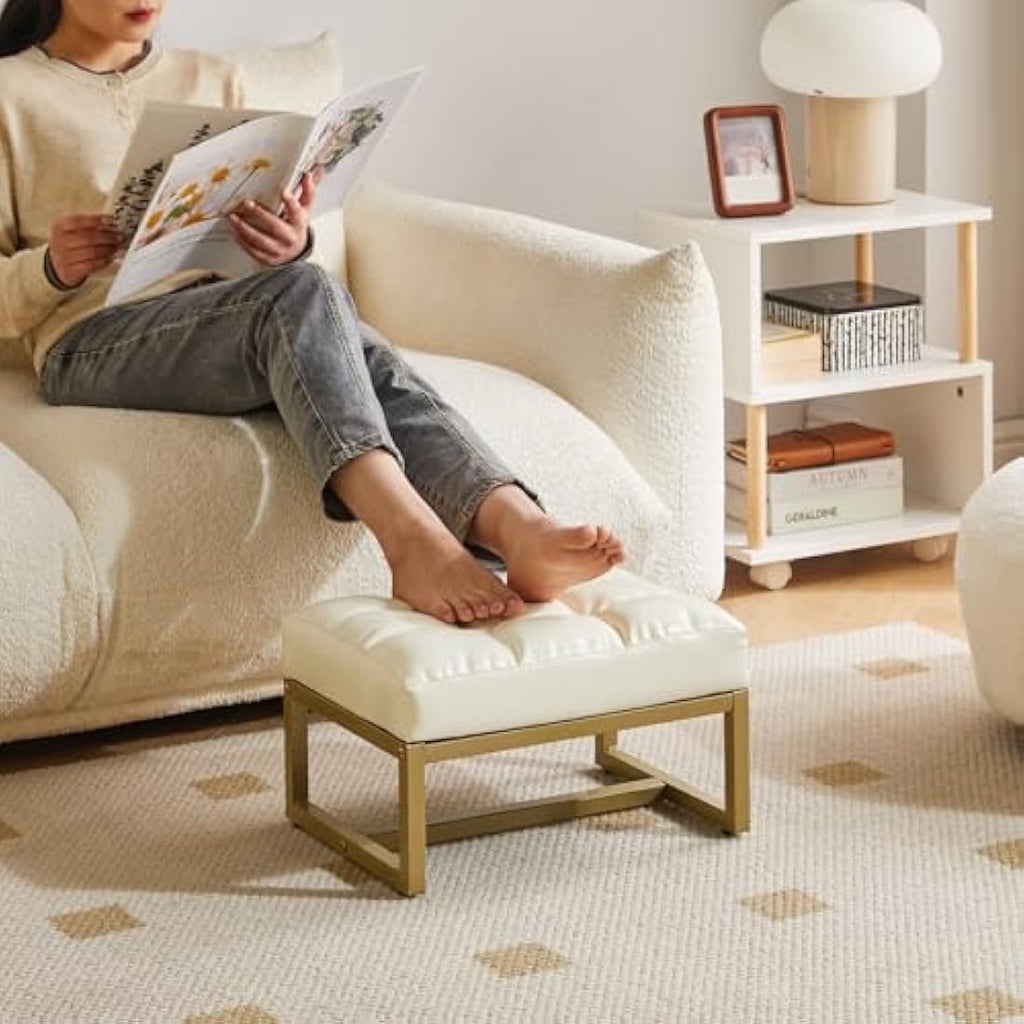 Aibiju White Faux Leather Footstool Ottoman with Gold Metal Frame