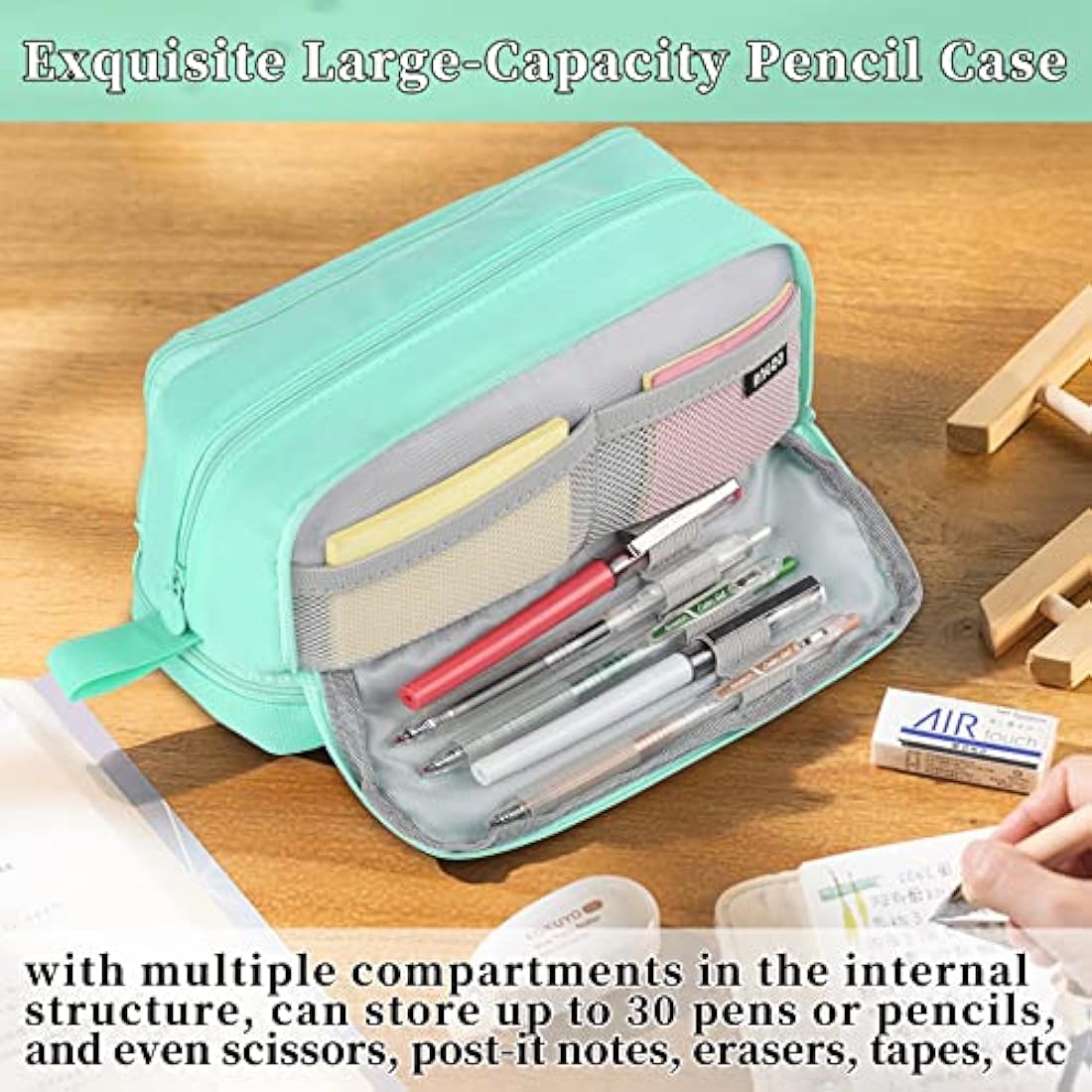 Tesmien Large Pencil Case | 4-Compartment Canvas Stationery Bag, Green