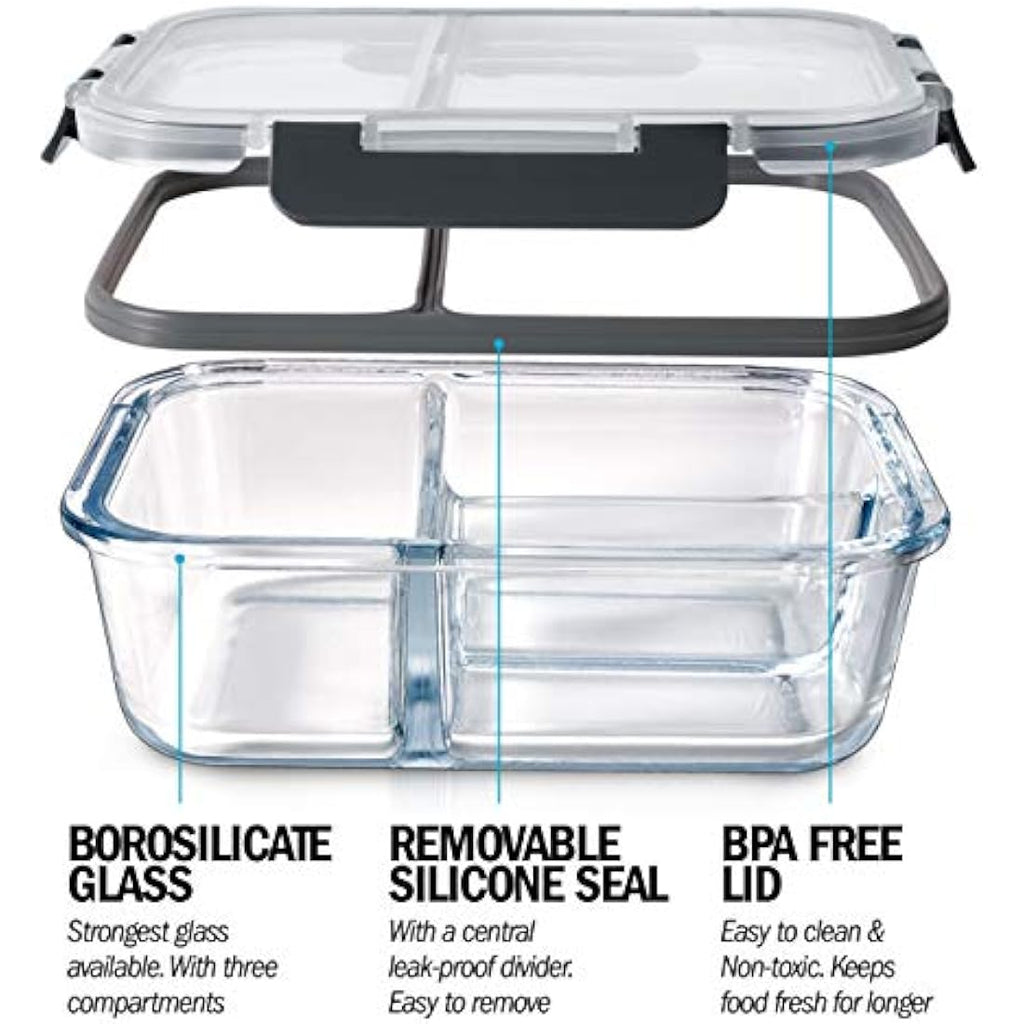 Igluu Glass Meal Prep Containers - 3 Pack 3 Compartment 980ml Oven Safe
