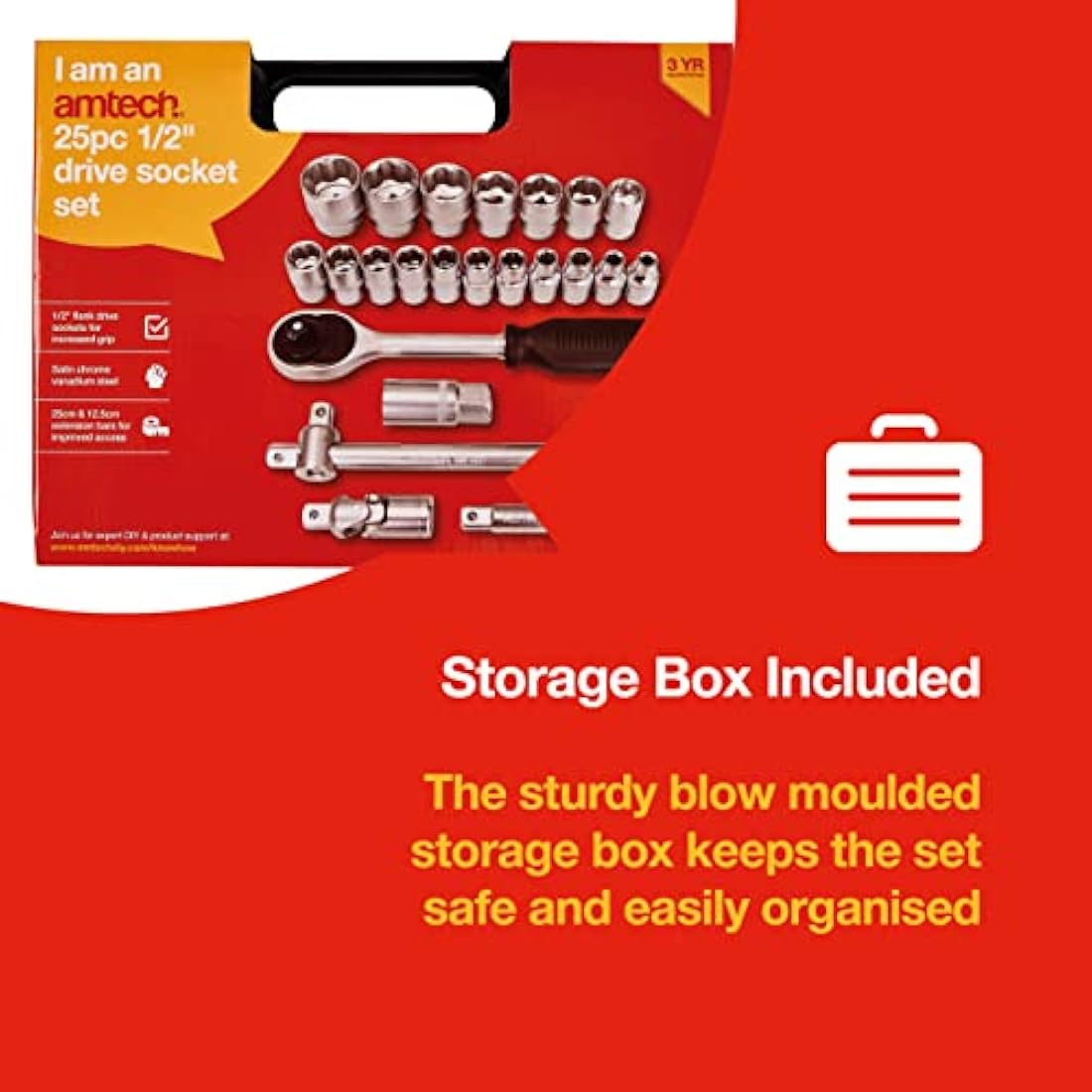 Amtech 25-Piece 1/2" Ratchet Socket Set - Chrome Vanadium Steel