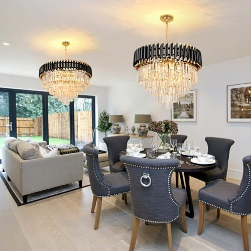 AOOCHOK Modern Crystal Chandelier – Black and Gold Round Pendant Light