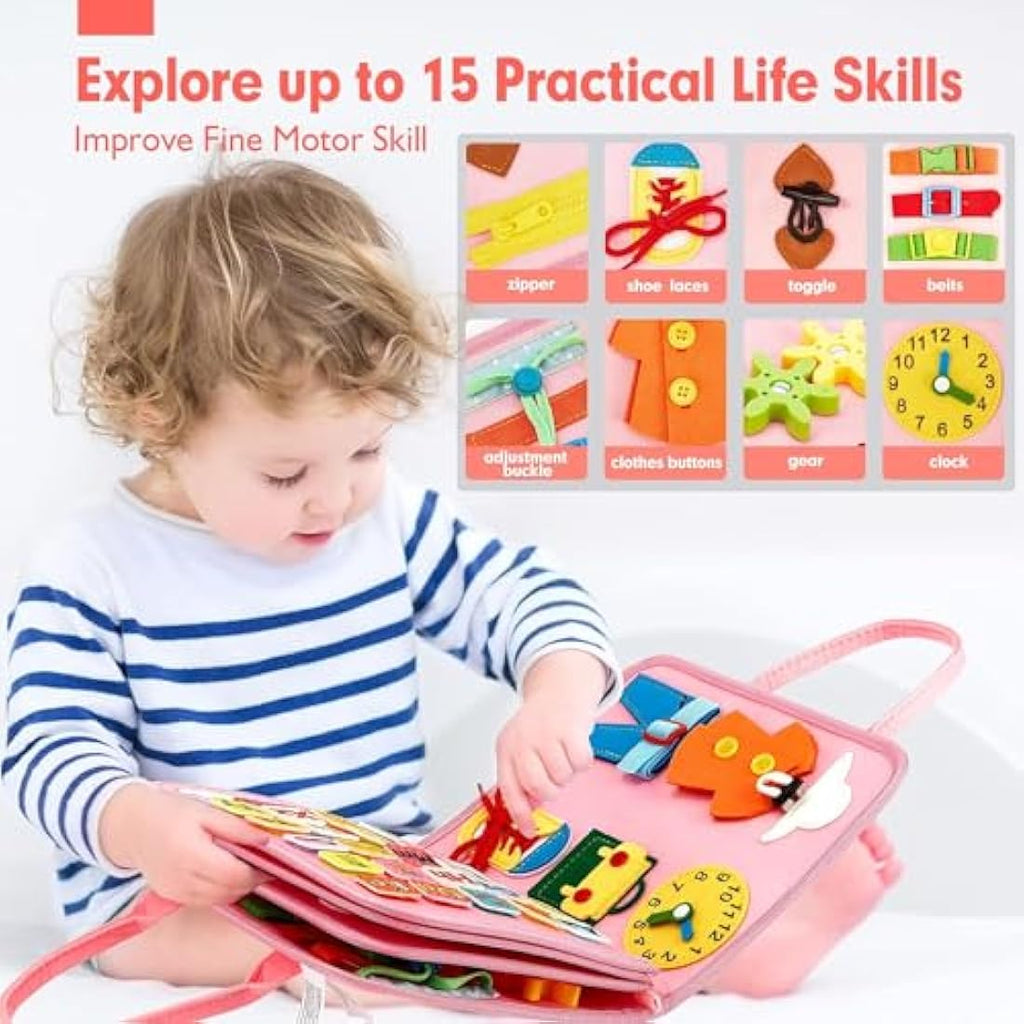 Hahaland Montessori Busy Board - 21-in-1 Sensory Travel Toy - Pink Unicorn