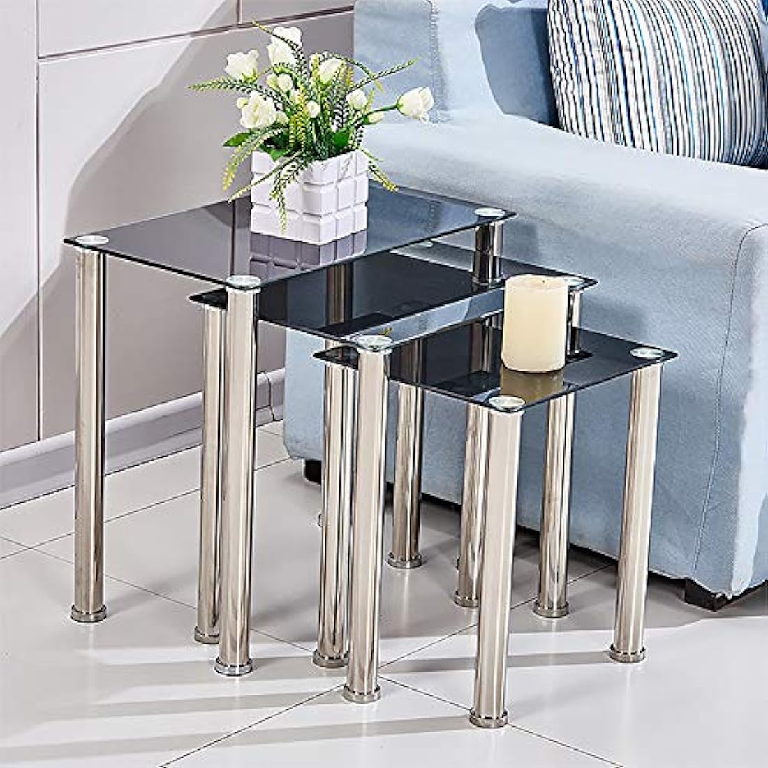 Nesting Tables – Set of 3 Glass and Stainless Steel Tables