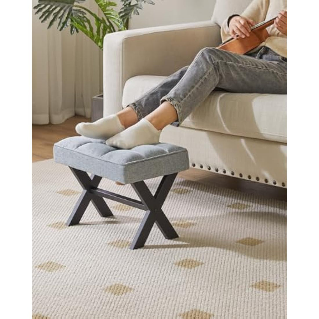 IBUYKE Small Square Linen Footrest Stool | Modern Metal X-Leg Vanity Seat