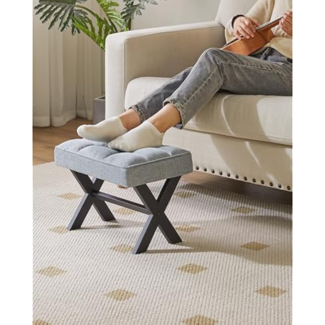 IBUYKE Small Square Linen Footrest Stool | Modern Metal X-Leg Vanity Seat
