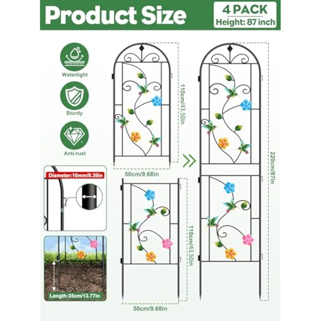 Jolof Store Hummingbird Garden Trellis | 2.2M Rustproof Metal Support