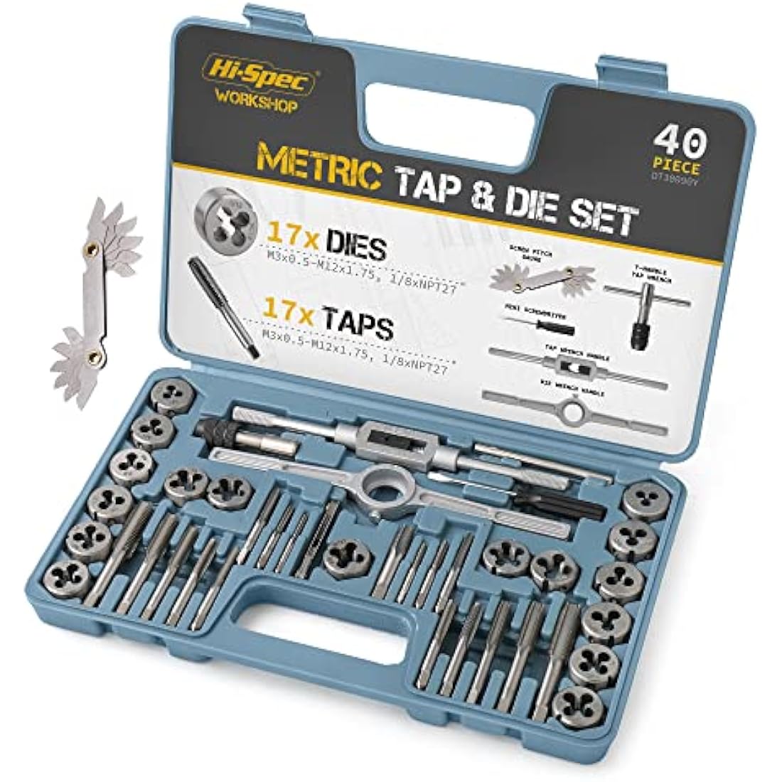 Hi-Spec 40pc Metric Tap and Die Set | M3-M12 Alloy Steel Threading Tools