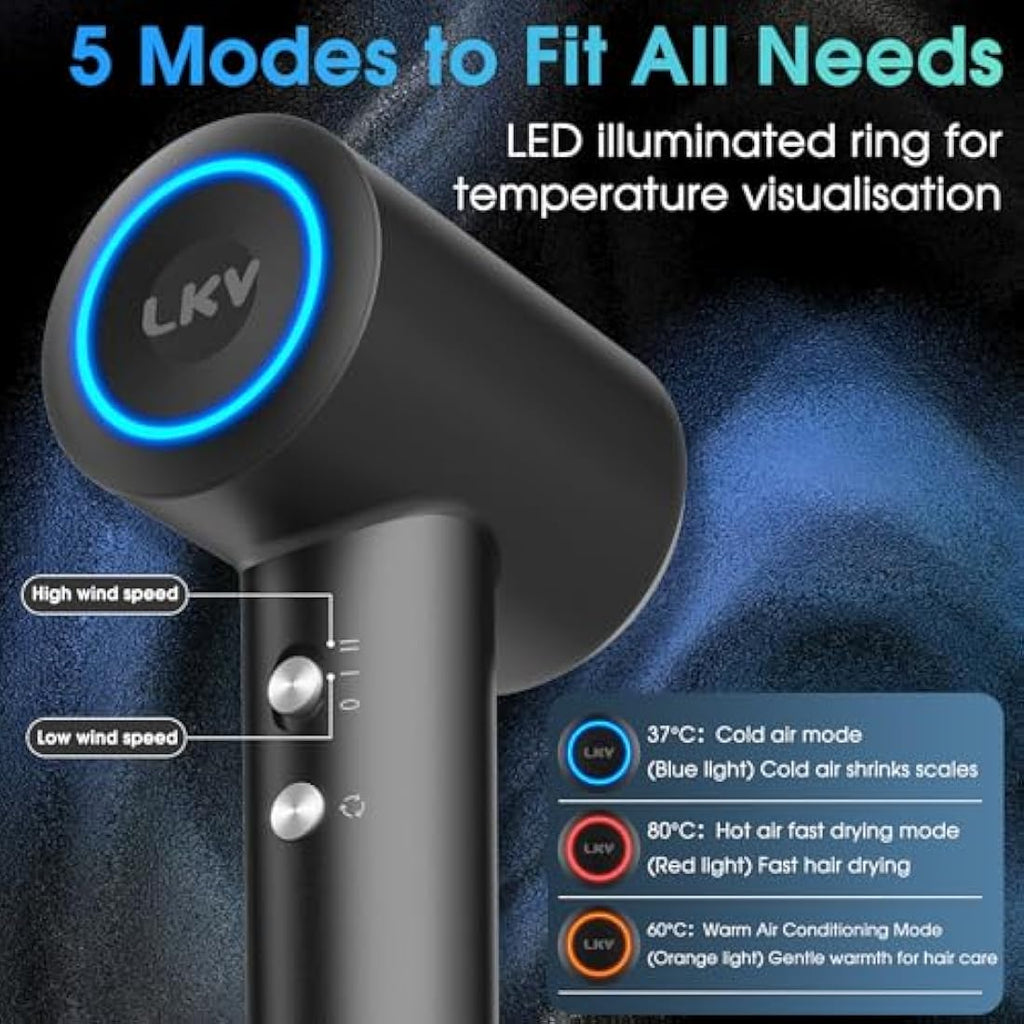 LKV Ionic Hair Dryer – 1500W High-Speed Professional Blow Dryer, Grey