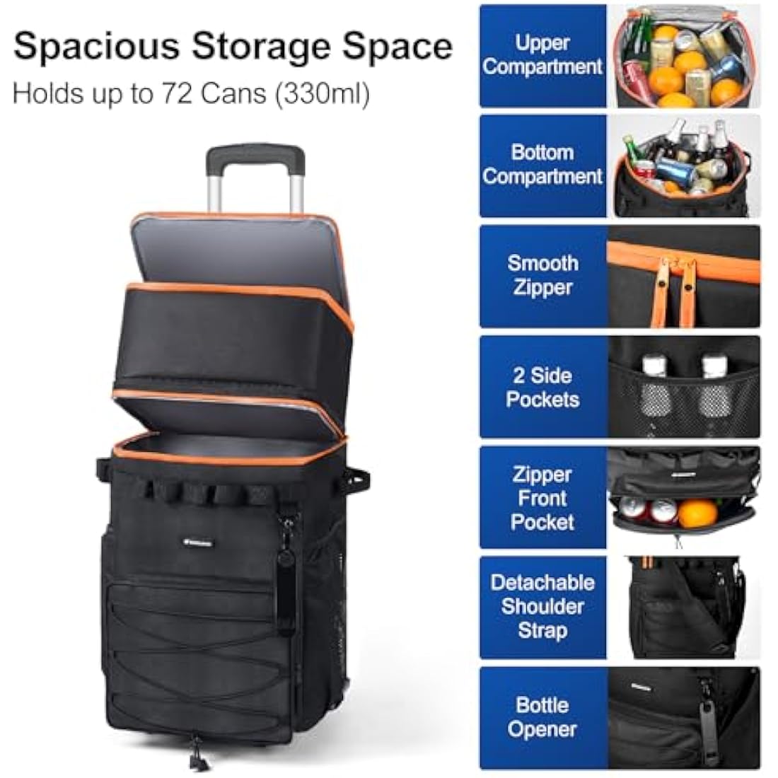 Odoland Rolling Cooler Bag with Wheels – Insulated 72-Can Leakproof Trolley