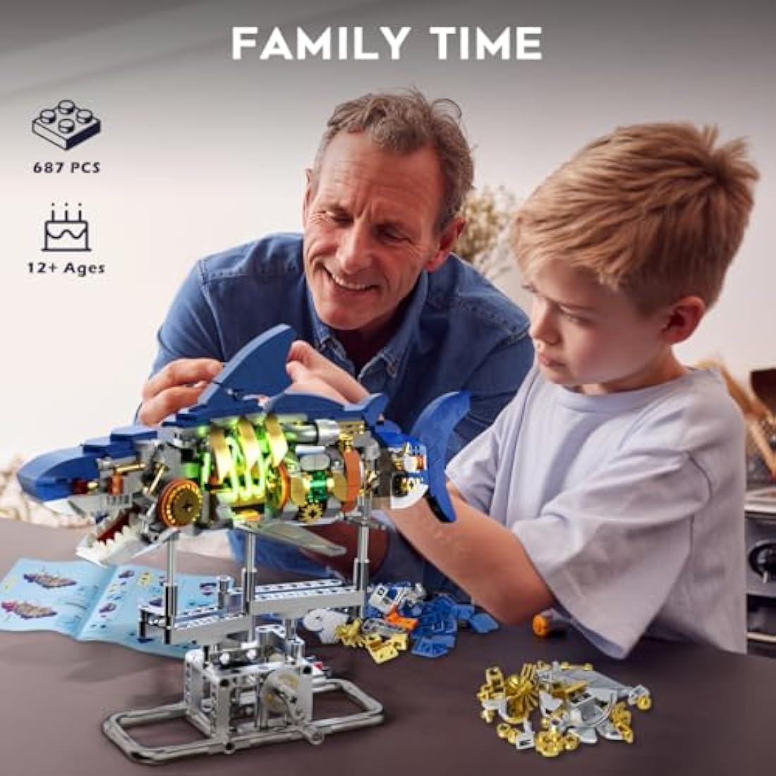 INSOON Shark Building Set | 687 PCS Mechanical Sea Animal Model with Light